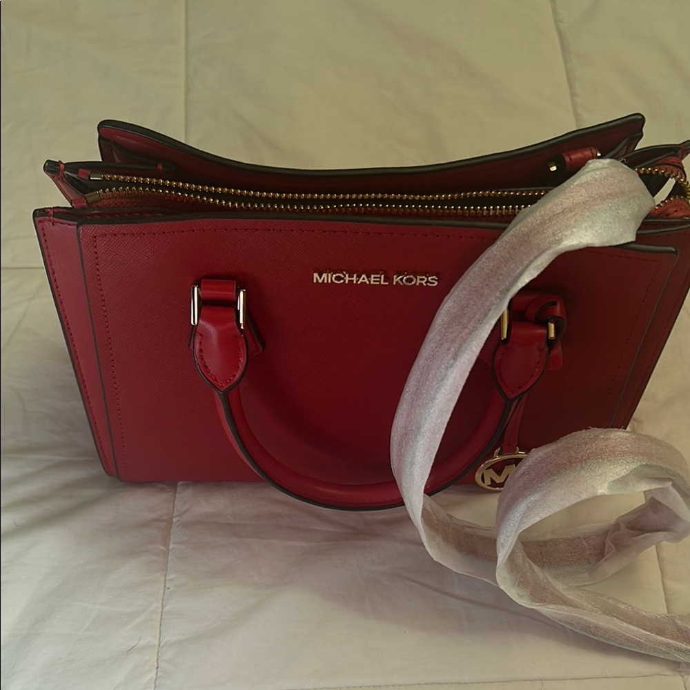 Michael Kors Red Saffiano Satchel with Silver Hardware